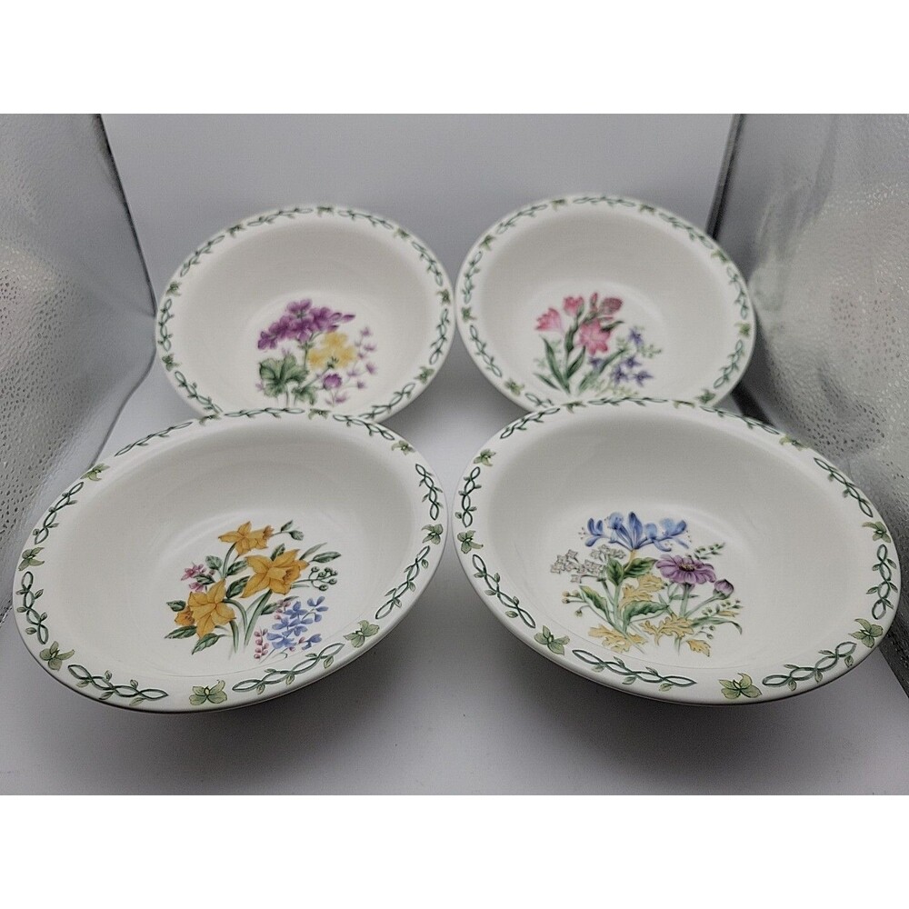 Retired Thompson Pottery Floral Garden Salad/Cereal/Soup Bowl ~ 7”  Set of 4